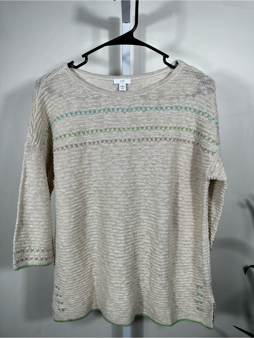 050. J.Jill Small Petite Oatmeal Embroidered Open Knit 3/4 Sleeve Sweater
